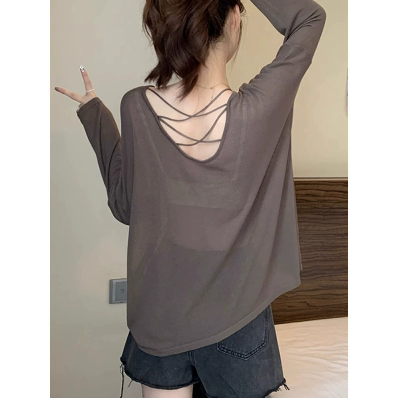 Дизайнерская полая рубашка с длинными рукавами и открытой спиной для женщин, летняя тонкая солнцезащитная блузка из ледяного шелка, большой размер, свободный модный верхний топ