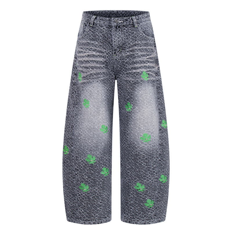 Trendy brand heavyweight snake skin water ripple dark pattern jacquard green four-leaf clover print design high street wide-leg jeans for men