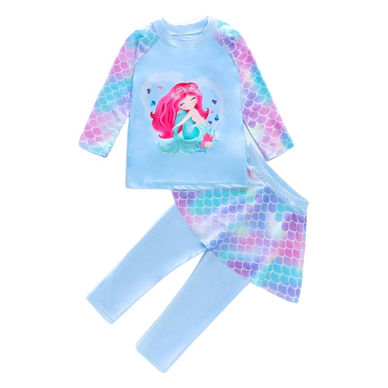 Traje de Baño Dividido con Protección Solar para Niñas de Poliéster de Manga Larga para Natación