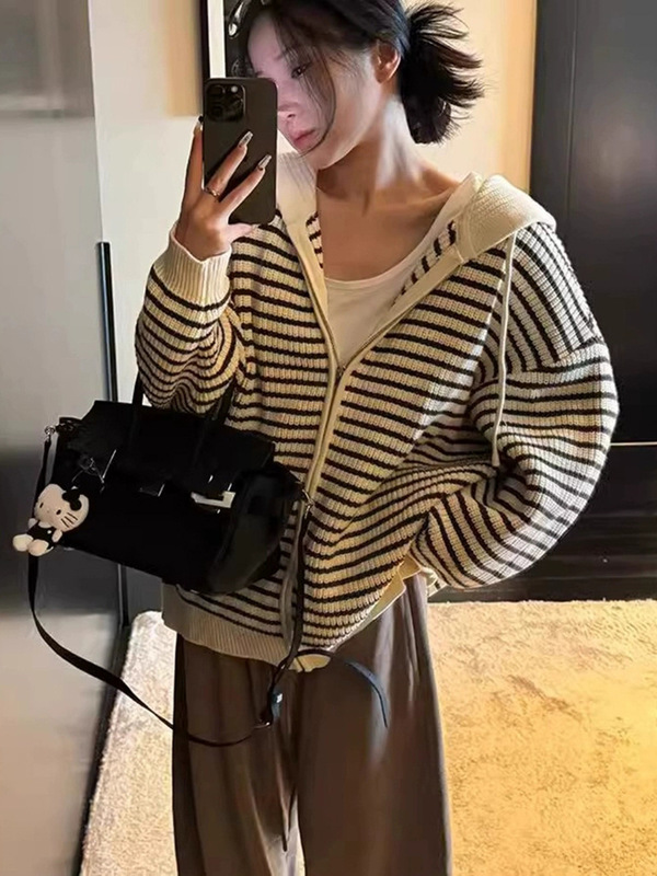 慵懒风杏色抽绳连帽条纹针织开衫女秋冬2025韩版宽松百搭上衣外套|undefined