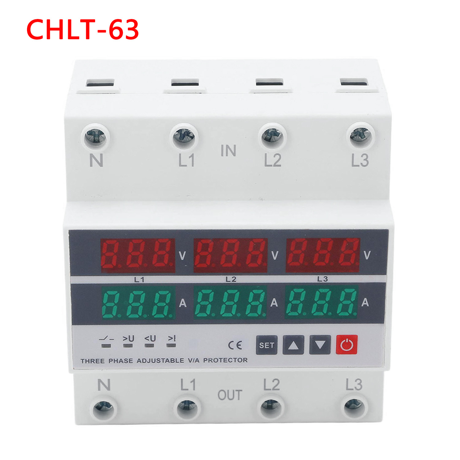 Three-phase over-voltage protection device digital display adjustable current over-voltage under-voltage automatic reset 63A 100A English Foreign Trade