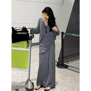 Tall Fairy Tall Lengthen Laid-back Loose V-neck T-shirt Women's Early Autumn High Waist Skirt Two-piece Set
