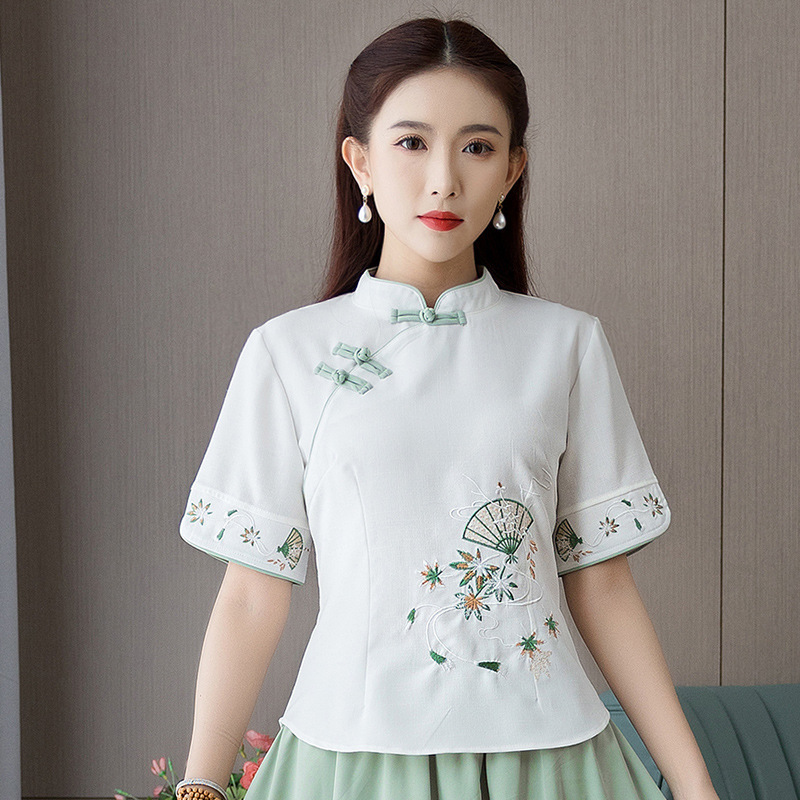 cotton embroidered Women tang suit chinese dress retro qipao blouse tops qipao tea suit jacket Chinese style restoring ancient ways short sleeve 