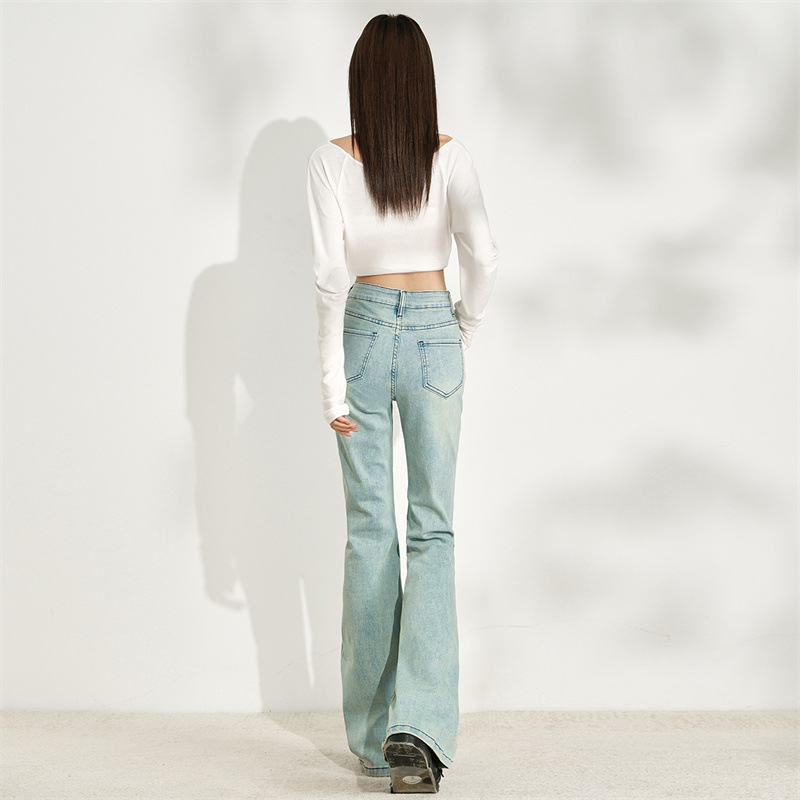浅蓝色高腰弹力修身牛仔裤女2025新早秋简约百搭显瘦喇叭裤丙纶|undefined