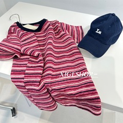ベリーカラー立体カラーストライプコットン半袖Tシャツレディースコントラストカラーラウンドネックルーズカジュアル万能トップイン夏