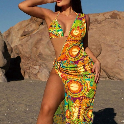 New European and American leopard print halterneck three-piece mesh swimsuit women's bikini Amazon sun protection sexy swimsuit