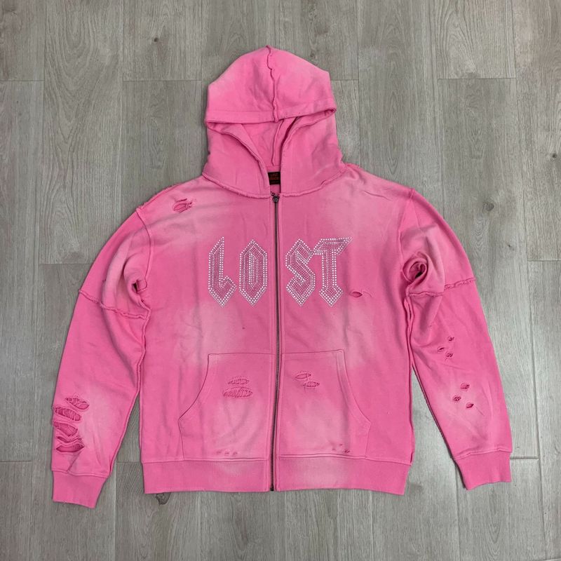 Lost intricacy Hoodies 镶钻洗水破洞休闲拉链连帽卫衣长裤套装|undefined