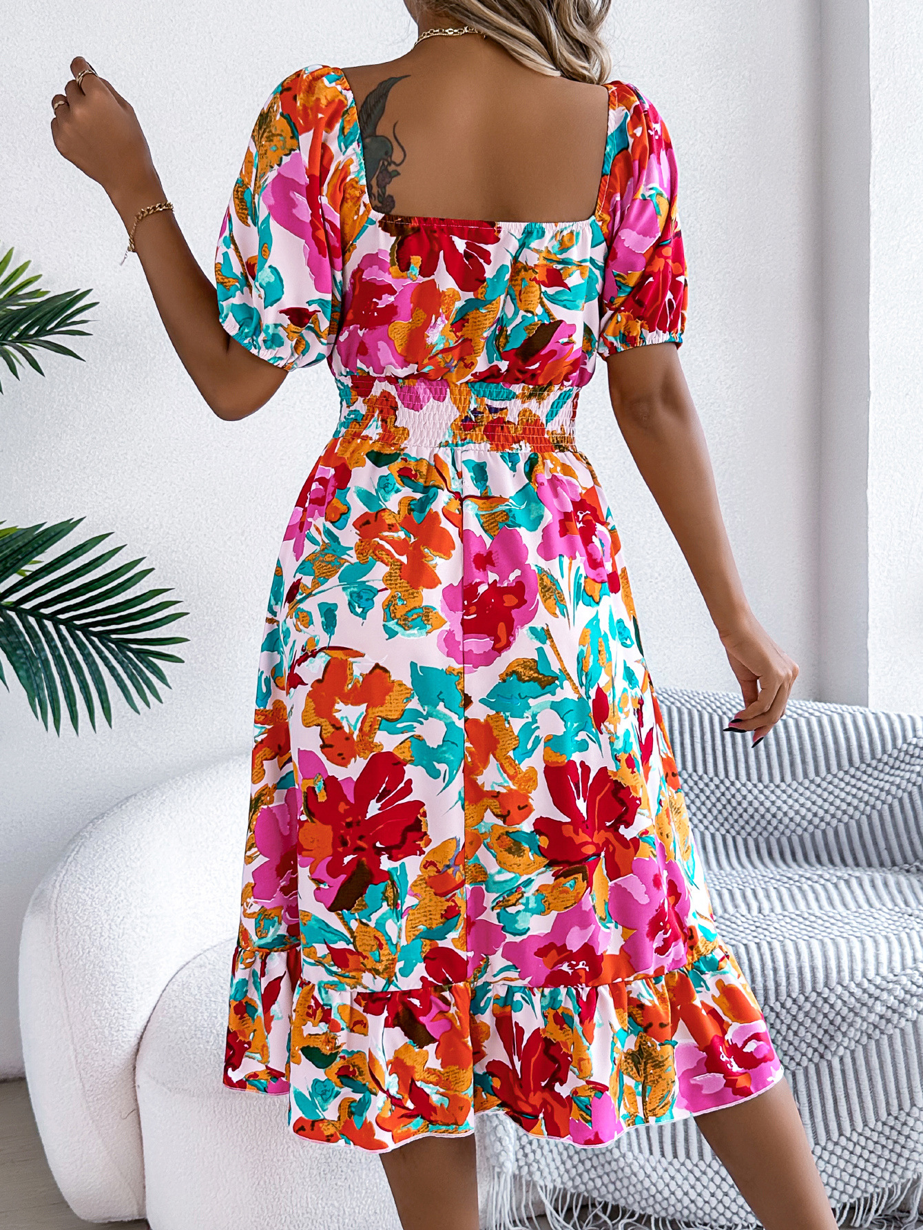 Spring Summer Casual Floral Square Collar Short Sleeve Waist Trimming Ruffles A line Dress Women Clothing 8 Spring Summer Casual Floral Square Collar Short Sleeve Waist Trimming Ruffles A line Dress Women Clothing