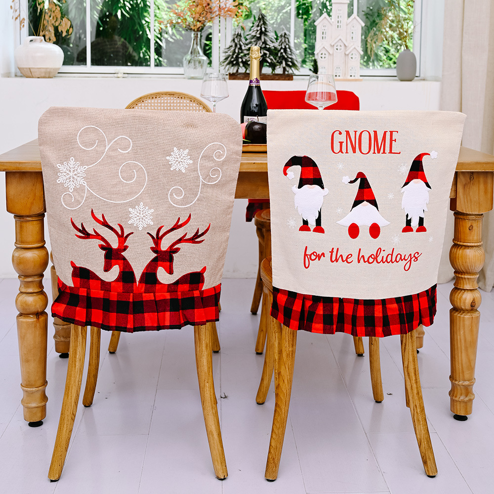 Christmas Decorative Supplies Plaid Chair Back Cover Burlap Face Elk Chair Cover for the Elderly_voghion.com