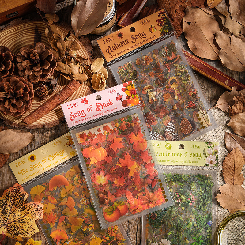 Canción del bosque Bolsa de pegatinas de bolsillo a prueba de agua Planta retro literaria Flor de hoja de arce Cuenta de mano DIY Pegatina de material