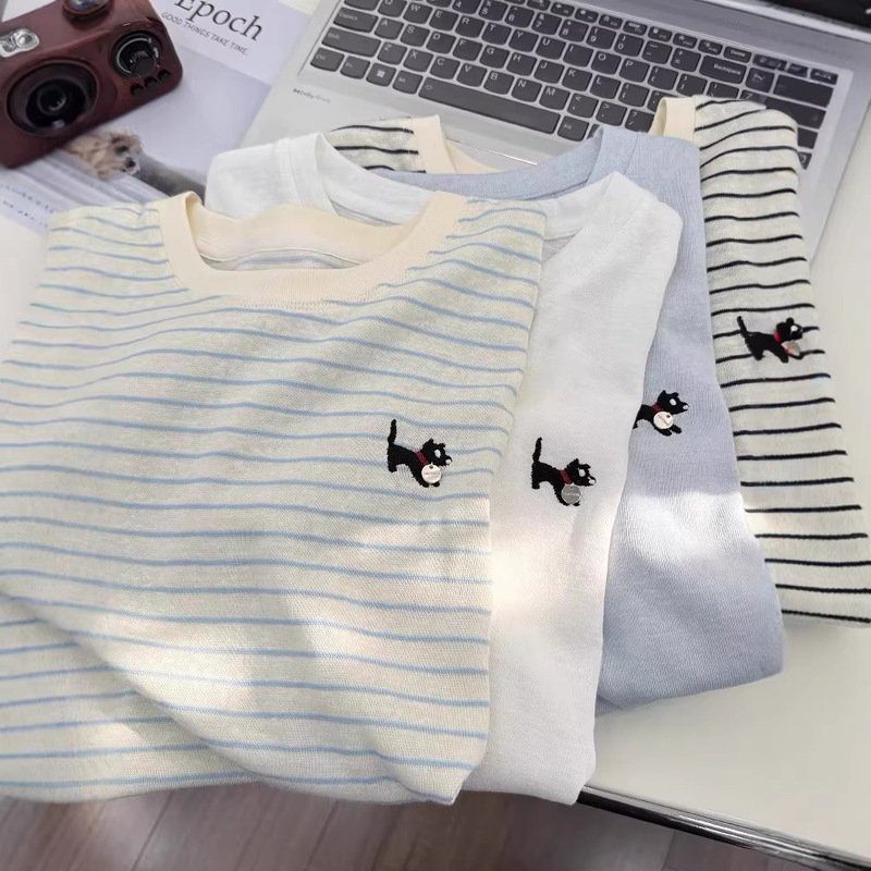 Plus Size 120kg Bamboo Cotton Striped Embroidered Short-Sleeve Women's T-Shirt, Summer Loose Casual Style, Simple Top, Lightweight and Breathable