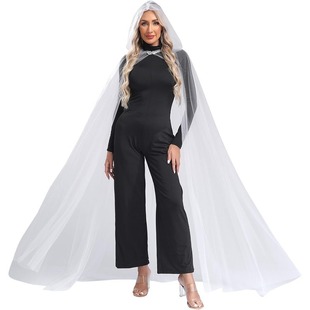 Bridal Retro Style Mesh White Black Red Women's Halloween Cloak Thin Cloak Large Trailing Hooded Shawl