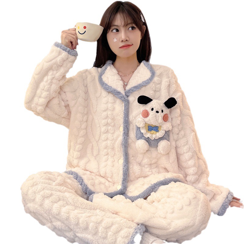 Set cardigan in flanella autunno e inverno con abbigliamento per la casa in stile dolce principessa in velluto corallo addensato e peluche_voghion.com