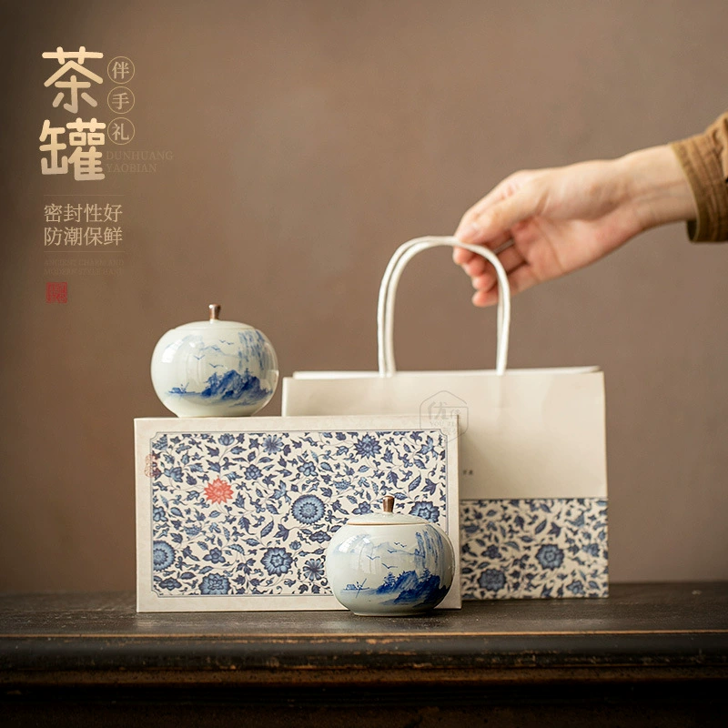 Ceramic tea can small tea warehouse moisture-proof sealed can storage tea can double can high-end gift box empty can tea box