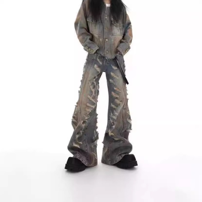 Niche Retro Wasteland-Style Distressed Denim Jacket Set Heavy-Duty Vintage Jacket Flared Jeans for Men 2024 Niche Retro Wasteland-Style Distressed Denim Jacket Set Heavy-Duty Vintage Jacket Flared Jeans for Men 2024