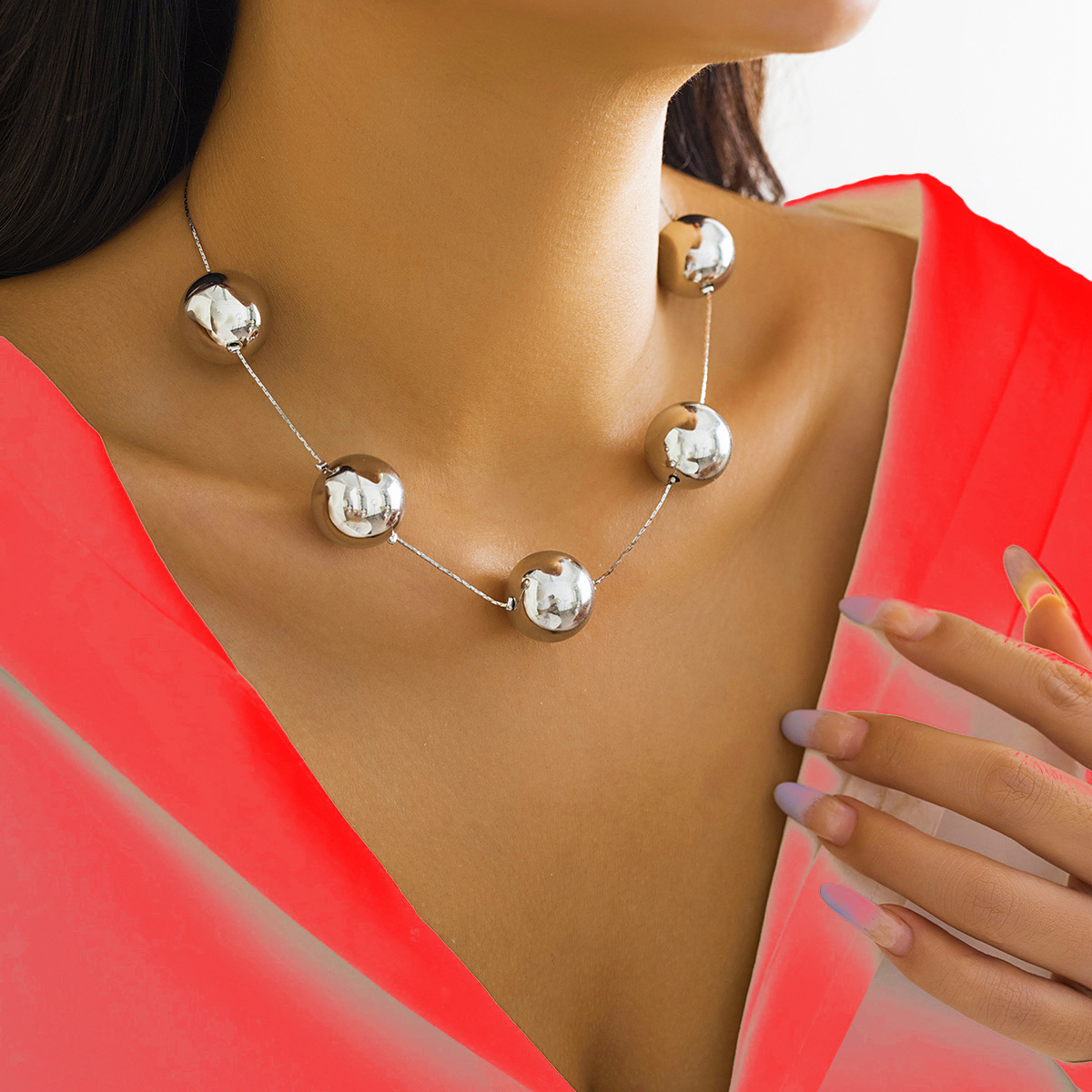 European and American Cross-Border Jewelry Punk Exaggerated Large Round Bead Choker Collarbone Chain Hot-Selling Geometric Bead Necklace for Women