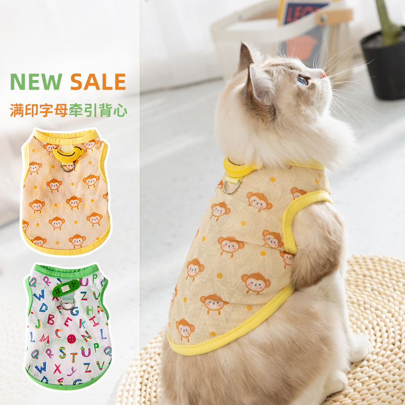 Nuevo Gato Delgado transpirable verano completo impreso fruta fresca tracción chaleco perro dos pies ropa para mascotas gato