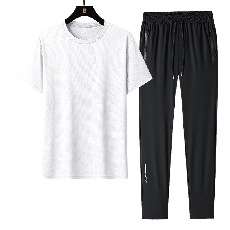 Traje de ocio deportivo para hombre de verano, seda de hielo, cuello redondo de secado rápido, pantalones de manga corta, camiseta para hombre, traje de dos piezas de gran tamaño de verano