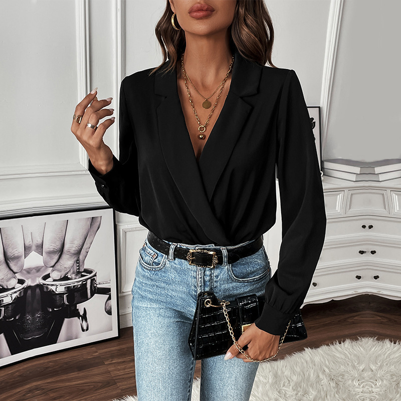 Amazon independent station foreign trade 2024 new European and American autumn women's cross-border long sleeve black lapel jumpsuit thin