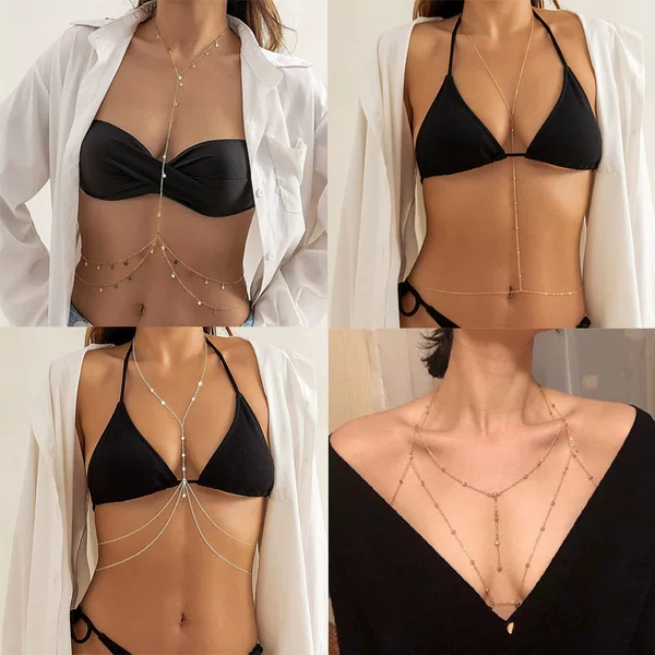 European and American Cross-Border Accessories Beach Bikini Sexy Rhinestone Multi-Layer Tassel Body Chain Cross Chest Chain Clothing Chain