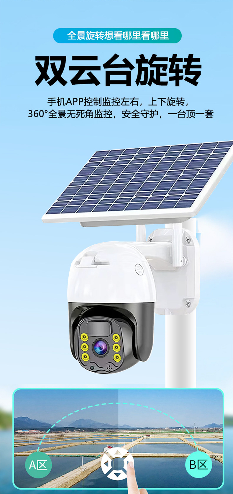 360度无需网络太阳能充电监控摄像头家用室内外远程低功耗监控器详情9
