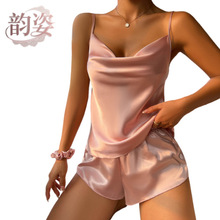 跨境冰丝情趣睡衣内衣女夏性感吊带短裤套装家居服纯欲定制批发