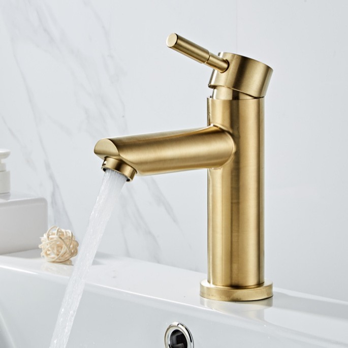 Nuevo oro cepillado grifo de acero inoxidable simple luz baño de lujo cuenca cepillado caliente y fría Mesa sola manija solo agujero cuenca