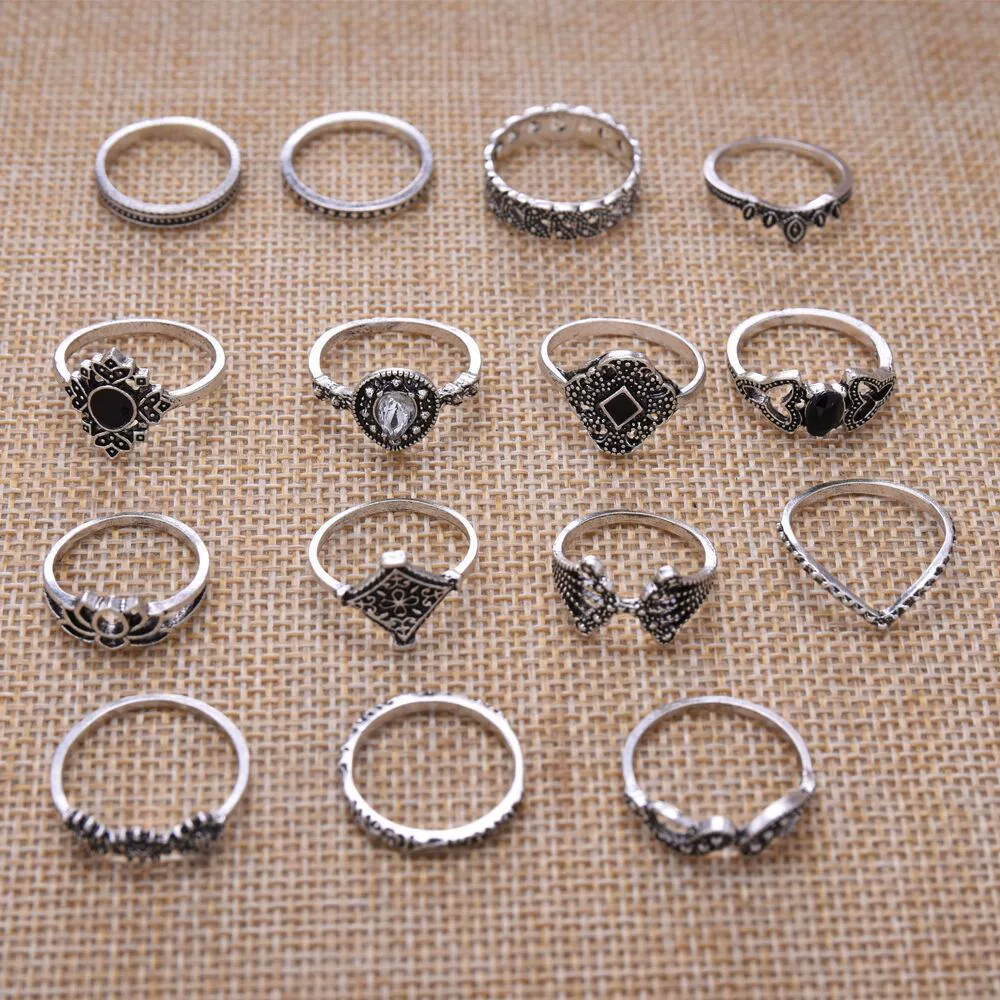 Ring set, retro drop-shaped 15 pcs, adjustable mixed vintage styles (one size)