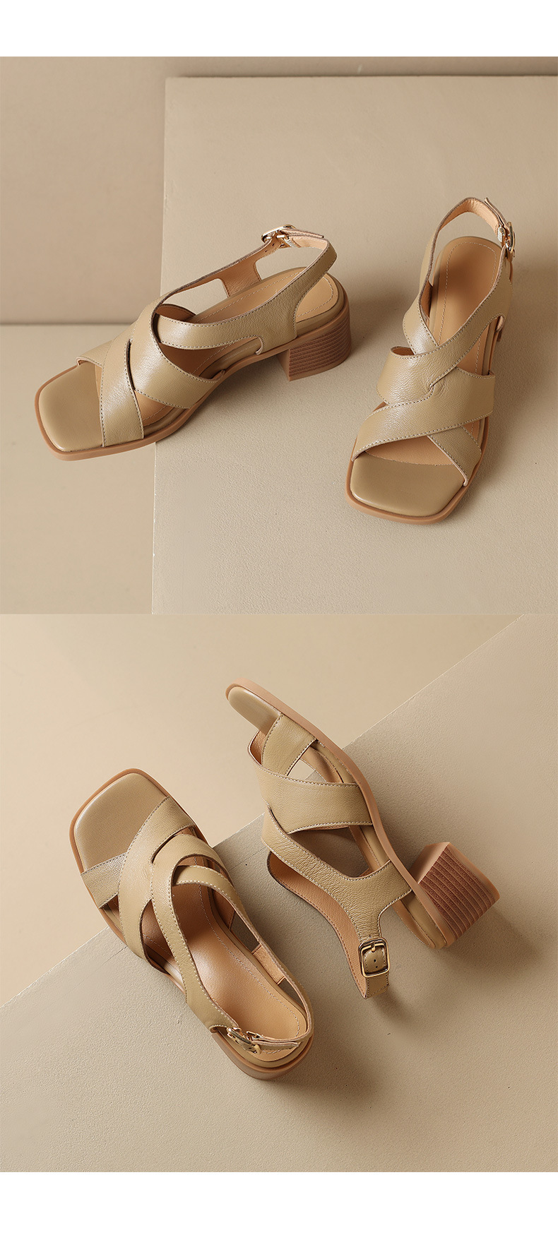 Sandal La Mã da cừu đan sọc rộng gót thô hở ngón — Màu camel chi tiết 19