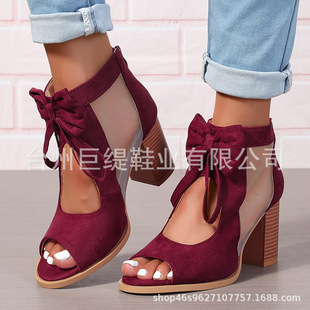New European and American 43 size plus size block heel high heels women's foreign trade women's sandals bow women's shoes