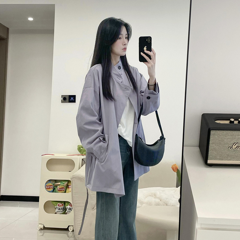 韩系氛围感穿搭紫色风衣外套女早初秋季2025新款气质开衫上衣|undefined