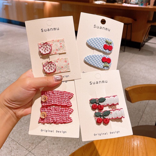 Cute Grid Korean Style Children's Hair Clip Sweet Cherry Bear Girl BB Clip Girls Child Floral Patterns Versatile Bangs Hair Pin