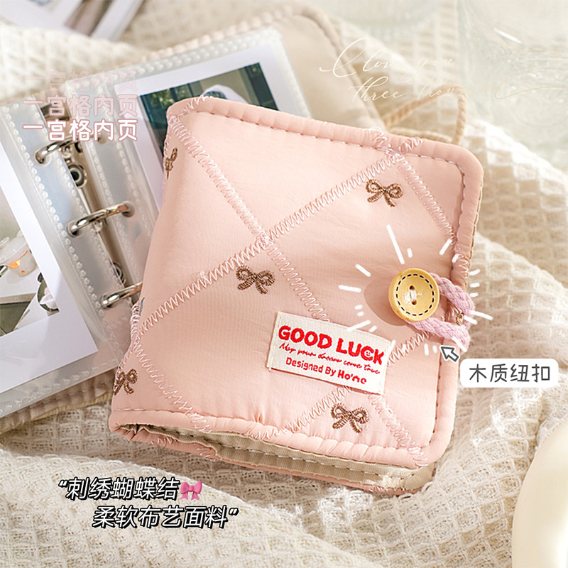 Bordado Bowknot One Palace Grid Card Book Estilo suave Tela suave japonesa Mini álbum de fotos Tarjeta Polaroid de 3 pulgadas