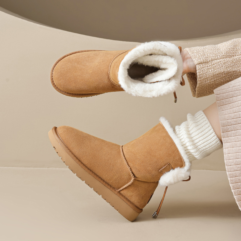 Botas de nieve para mujer Augu Shiden, estilo nuevo de otoño e invierno 2025, zapatos de algodón con suela gruesa de felpa para exteriores, mocasines casuales de media pantorrilla