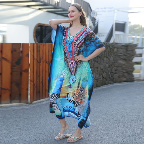 Beach Cover-up Sweatshirt Quick-Dry Printed Beach Sun Protection Shirt Loose Vacation Long Robe Bikini Swim Cover-up Sweatshirt 5D13