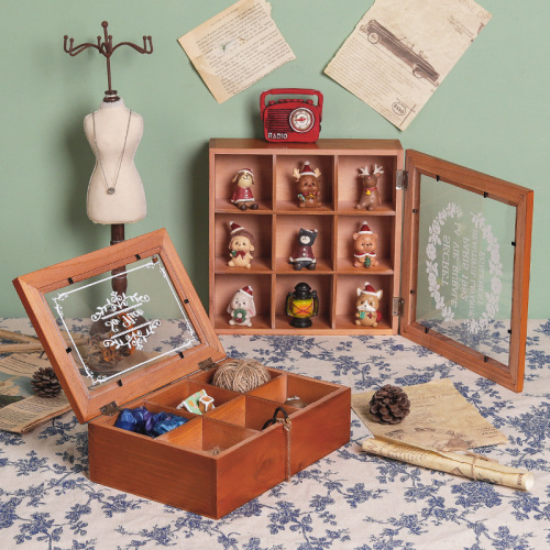Zakka Retro Lided Wooden Box General Merchandise Dustproof Storage Box Action Figure Jewelry Display Cabinet Cosmetics Divided Trays