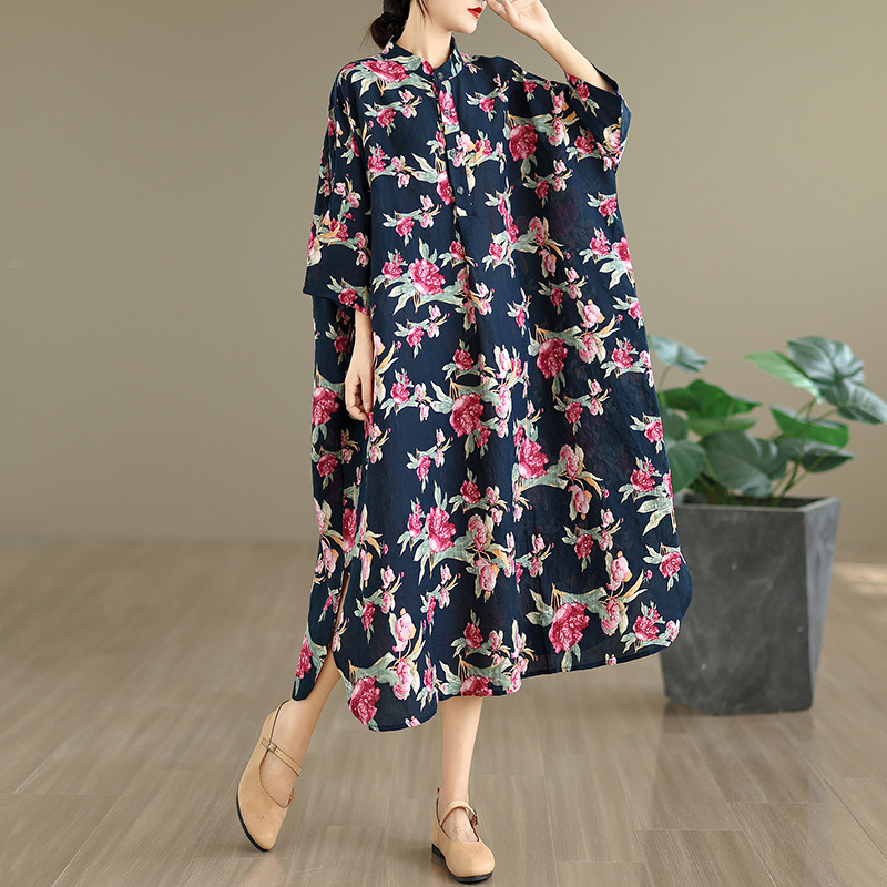Autumn New Large-Size Foreign Trade Elegant Vintage Cotton-Linen Printed Stand-Collar Loose Long Vacation Dress