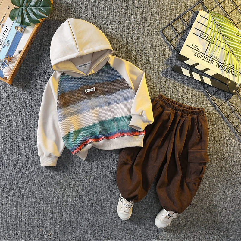 6095 Traje casual para niños Primavera y otoño 2024 Nuevo suéter con capucha para niños Traje de dos piezas de moda de otoño para bebés