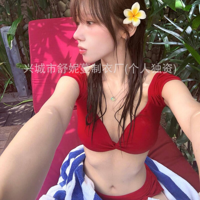Red Pure Lust Sexy Split Skirt Beach Vacation Swimsuit Bikini Swimsuit Women's Resort Hot Spring Swimsuit
