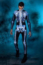 2022 歐美新款萬聖節長袖緊身衣 男 女人體透視骨架3D印花連體服