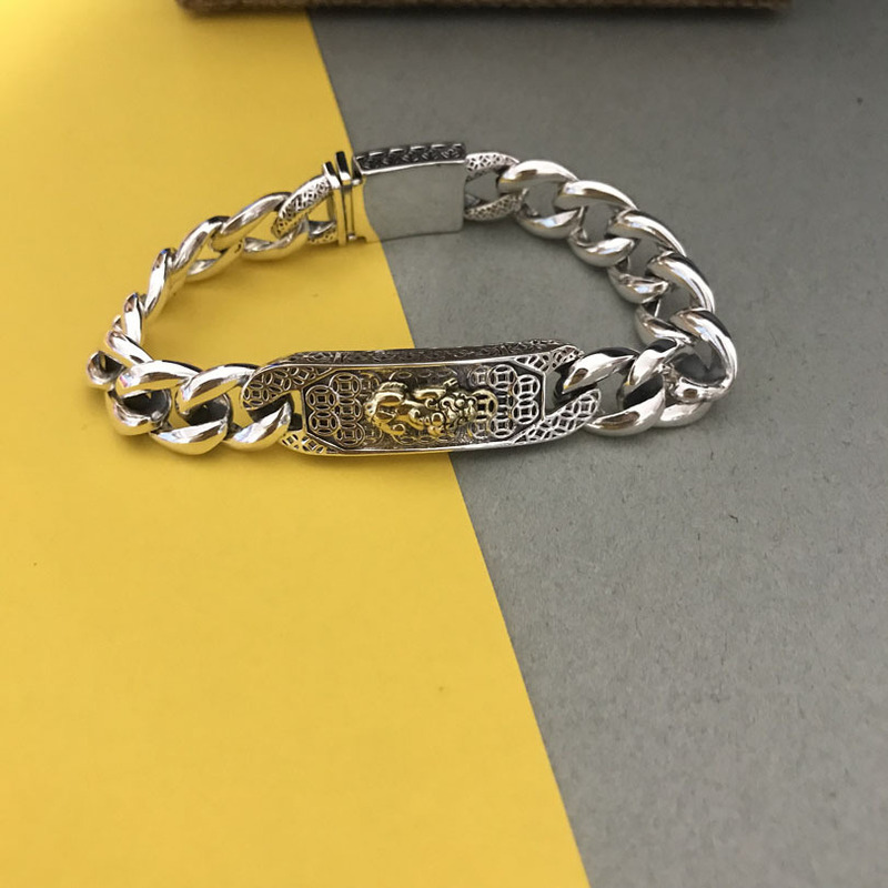 Ethnic Style Money Brave Bracelet S925 Sterling Silver Simple Cuban Chain Verpin Chain Men's Personalized Trendy Bracelet