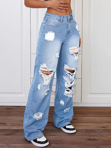 American and European ripped denim high-waisted straight-leg versatile loose jeans for women