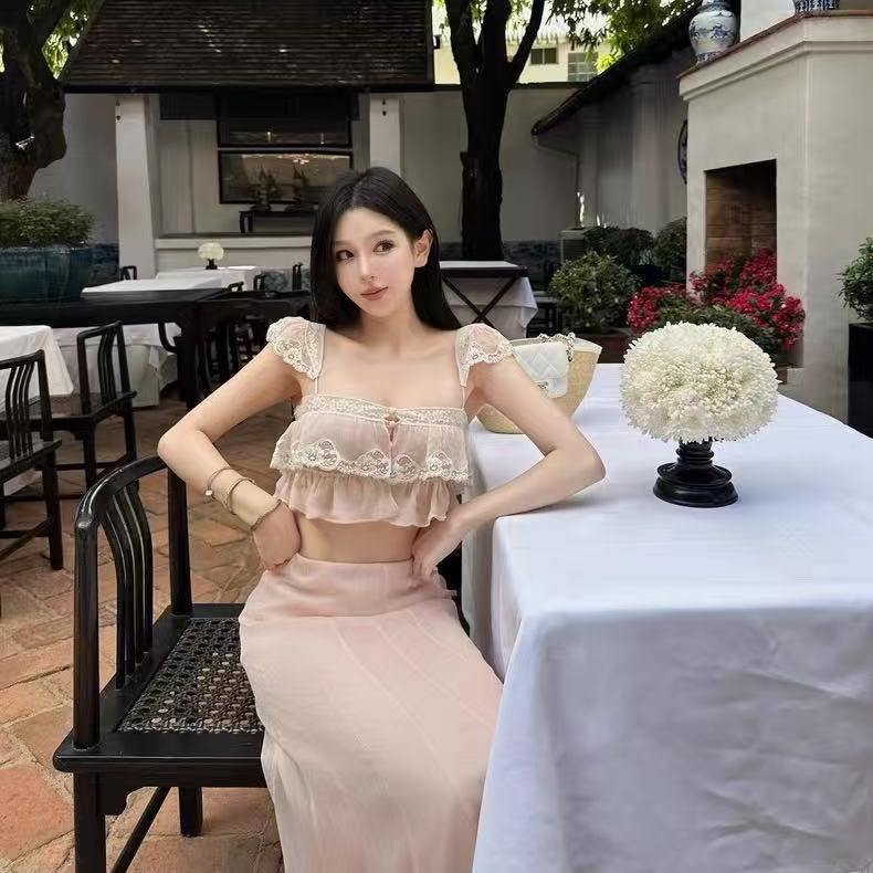 Ch0*E 2026 Spring Pink Chiffon Lace Ruffled Small Flying Sleeve Top French Style Skirt Suit for Women