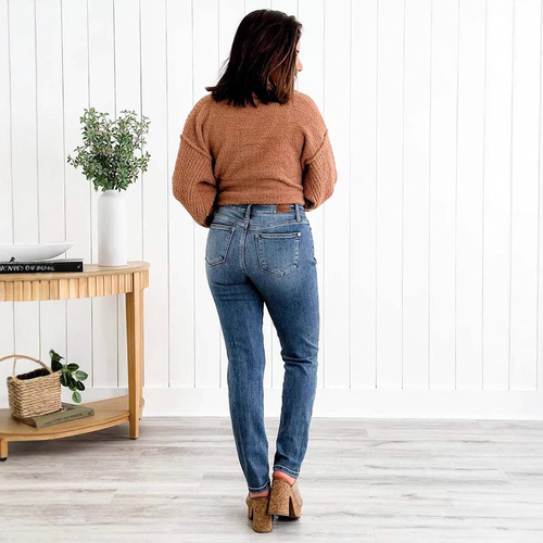 European and American small foot women's middle waist elastic slimming straight leg denim pencil pants women's long pants