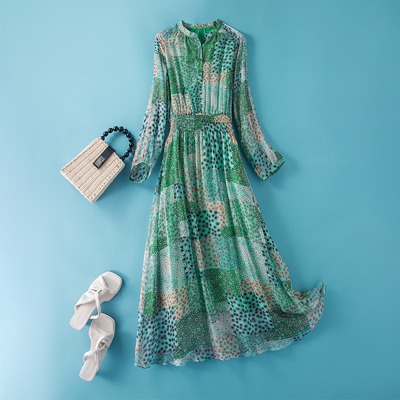 68330 Red Green Long-Sleeved Silk dress Spring and Autumn Mid-Length Dress