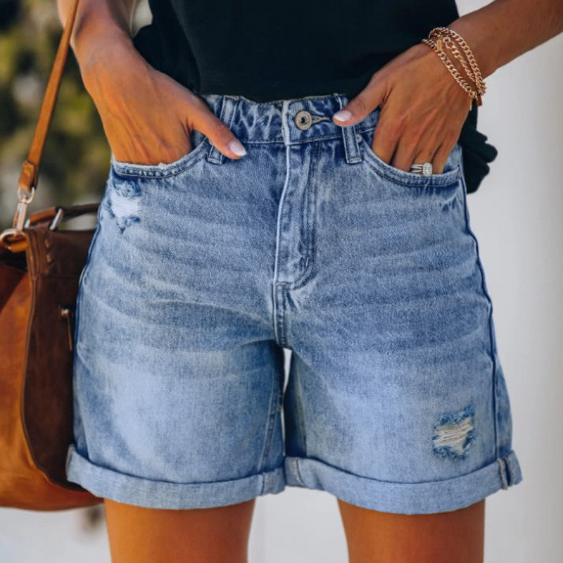 Modische, hoch taillierte, zerrissene Jeans-Shorts mit verwaschenem Destroyed-Effekt und Quaste, Hotpants für Damen_voghion.com
