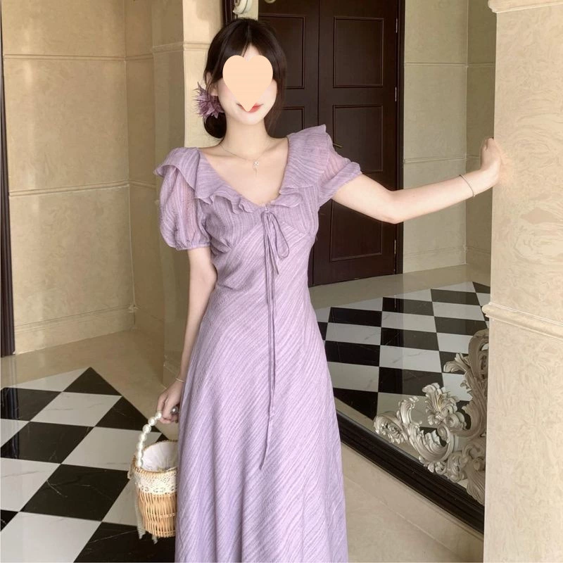 2025 новый летний стиль французский нежный стиль платье с пышными рукавами элитный стройнящий праздничный стиль длинная юбка для женщин