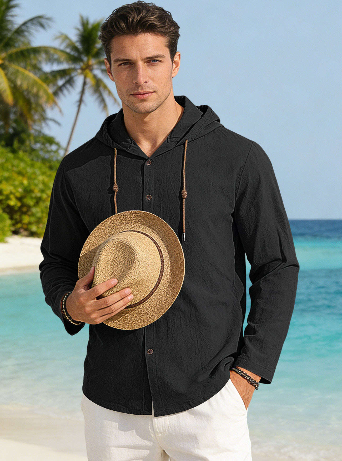 T-shirt con cappuccio uomo maniche lunghe cotone lino casual_voghion.com