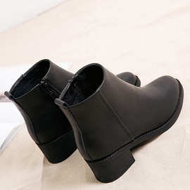 秋冬季粗跟女短靴黑色加绒工作鞋中跟皮靴短筒工装靴职业女鞋皮鞋