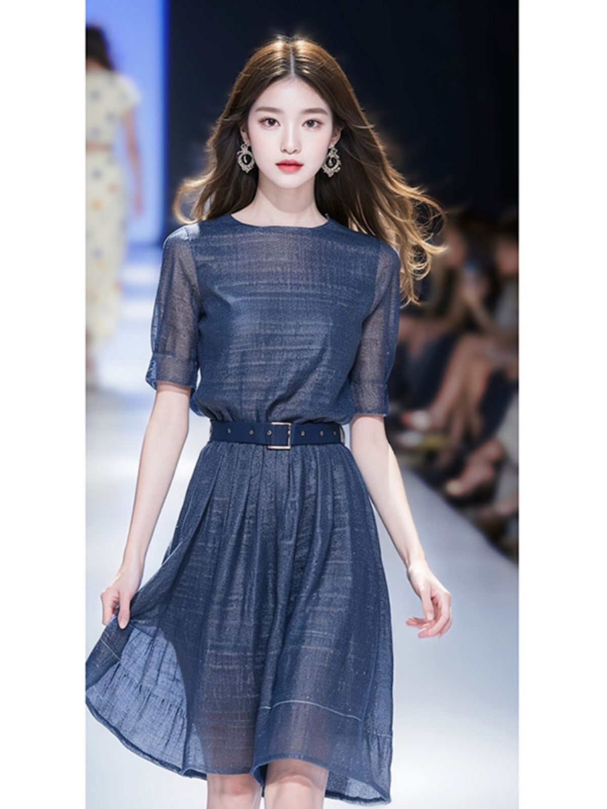 Đầm liền nữ xanh navy kiểu Pháp che bụng thon gọn — Đầm xanh navy (không thắt lưng) chi tiết 3